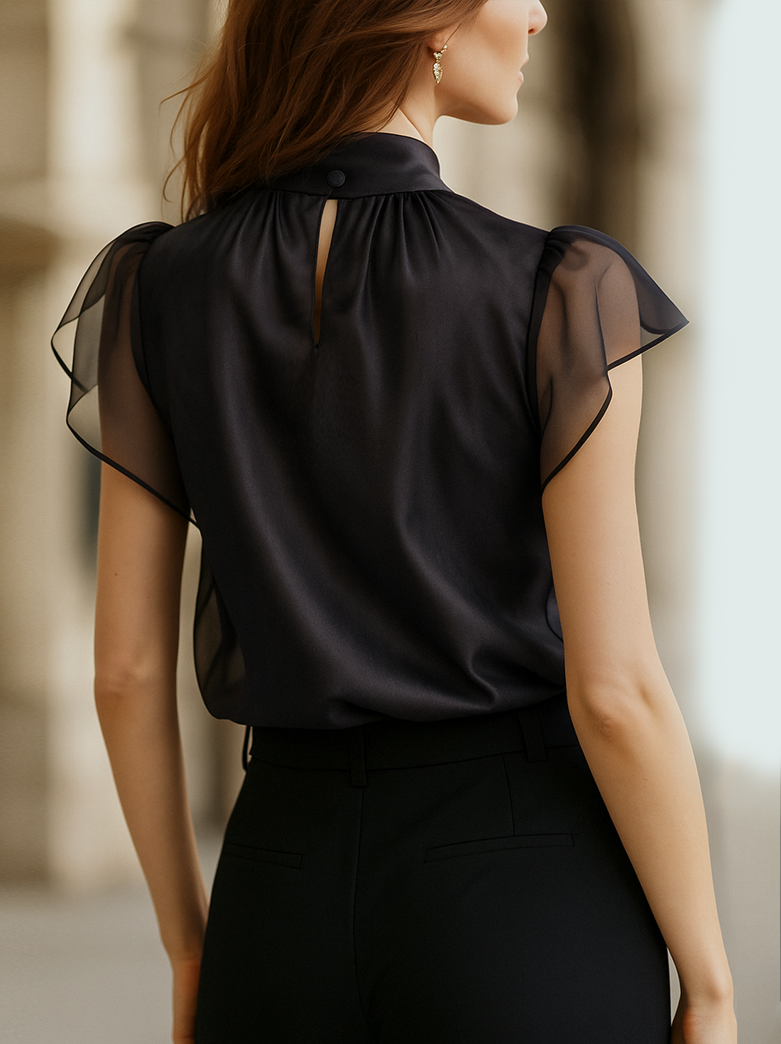 Elegant Black High-Neck Sheer Chiffon - Blouse