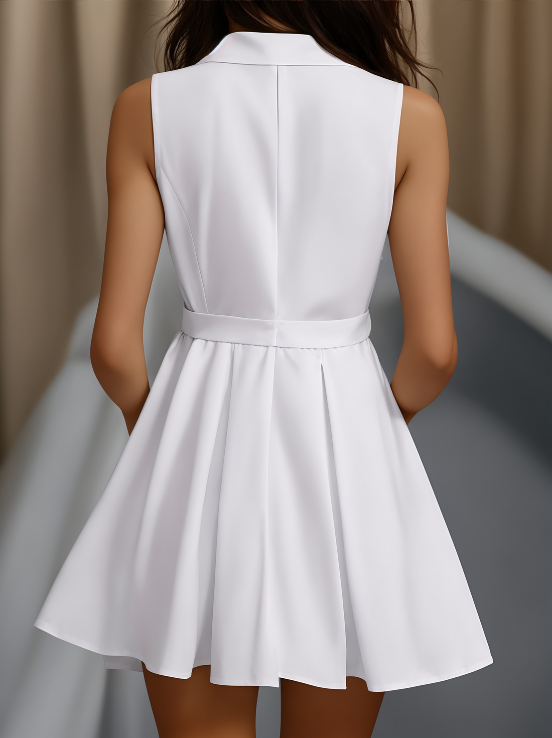 White Pleated Button-Front Shirt Dress - Mini Dress