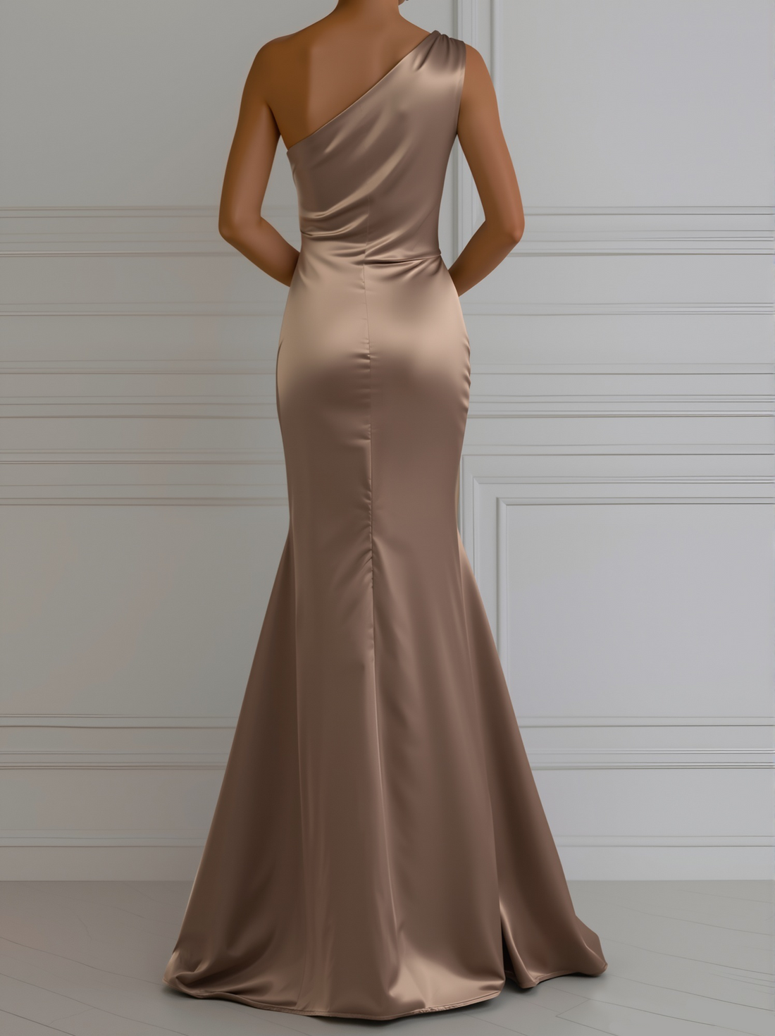 Champagne Satin One-Shoulder Evening - Maxi Dress