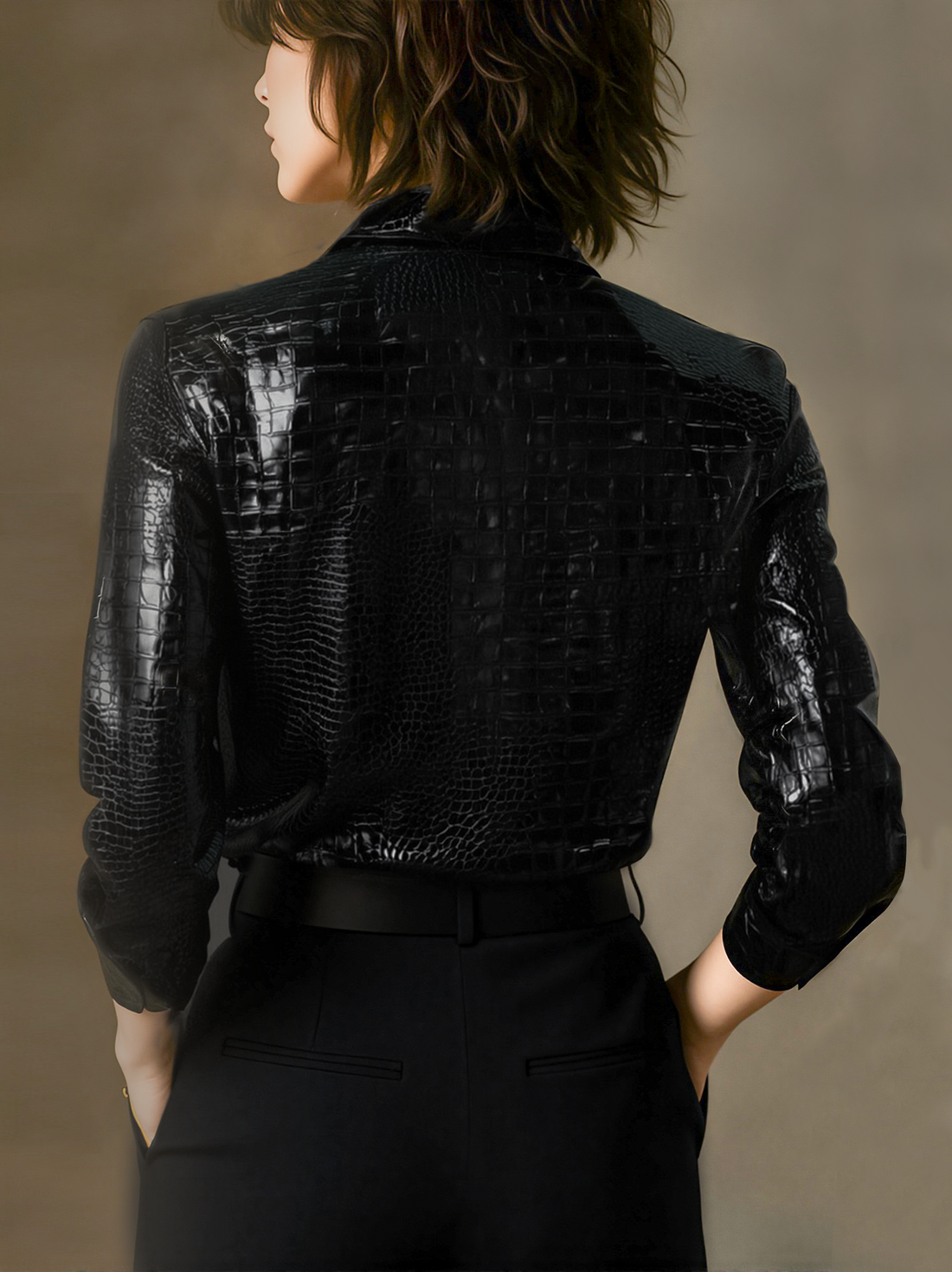 Women's Glossy Black Crocodile-Embossed Faux Leather Button-Down - Shirt