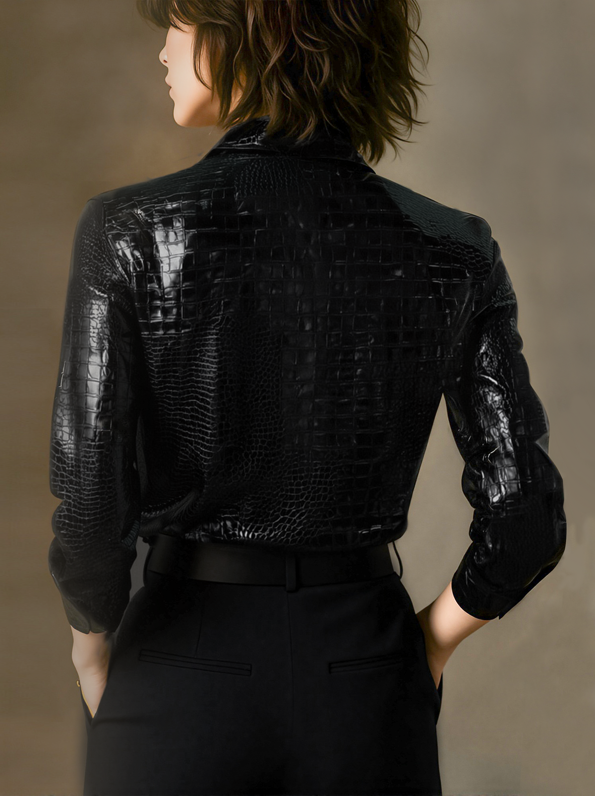 Women's Glossy Black Crocodile-Embossed Faux Leather Button-Down - Shirt