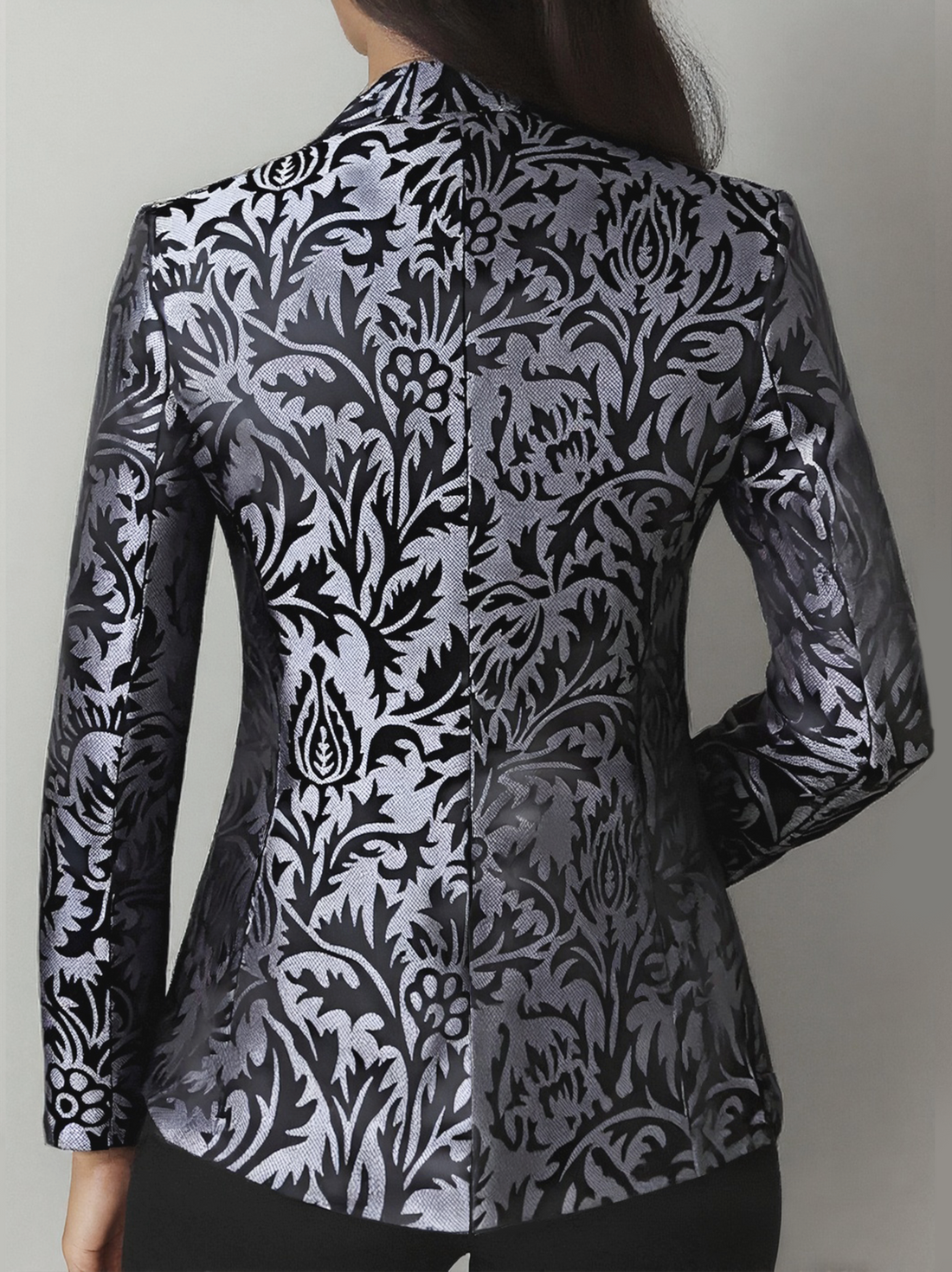 Luxury Black & Silver Floral Jacquard Tailored Blazer - Blazer