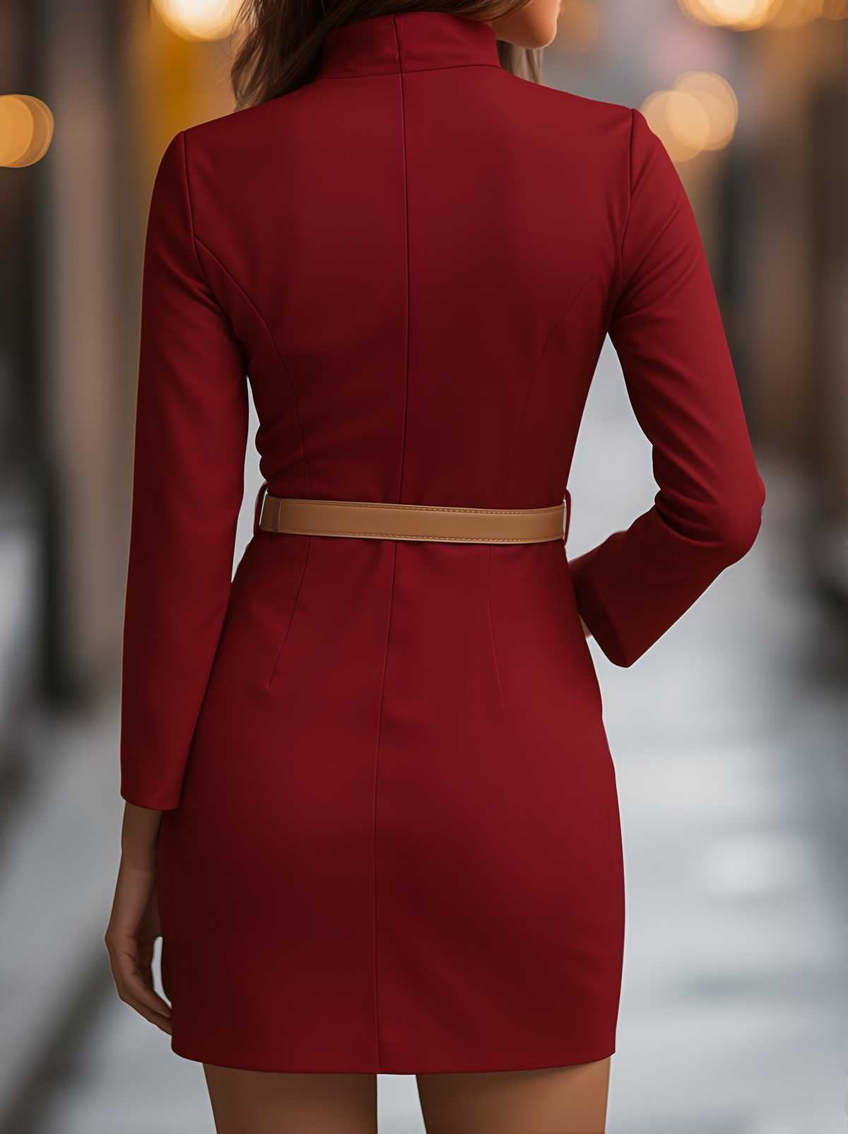 Elegant White Mandarin Collar Belted - Midi Dress