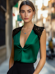 Emerald Satin Deep V-Neck with Lace Trim - Blouse