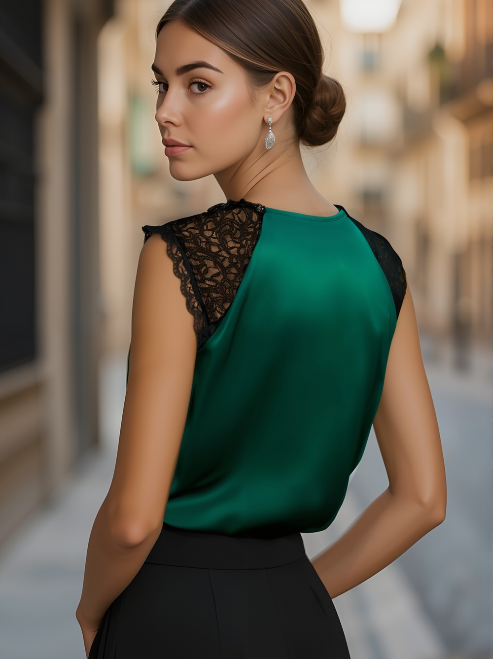 Deep V-Neck Satin Blouse with Lace Details - Emerald Allure XYS