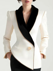 Asymmetrical White Blazer with Black Contrast Lapels - Women's Tailored Blazer