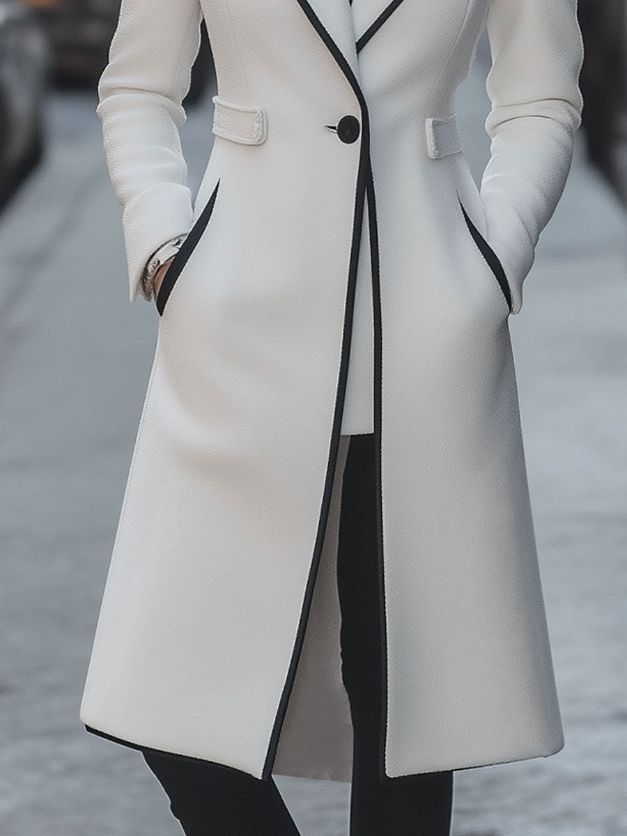 Chic White Coat with Contrast Trim - Long Coat