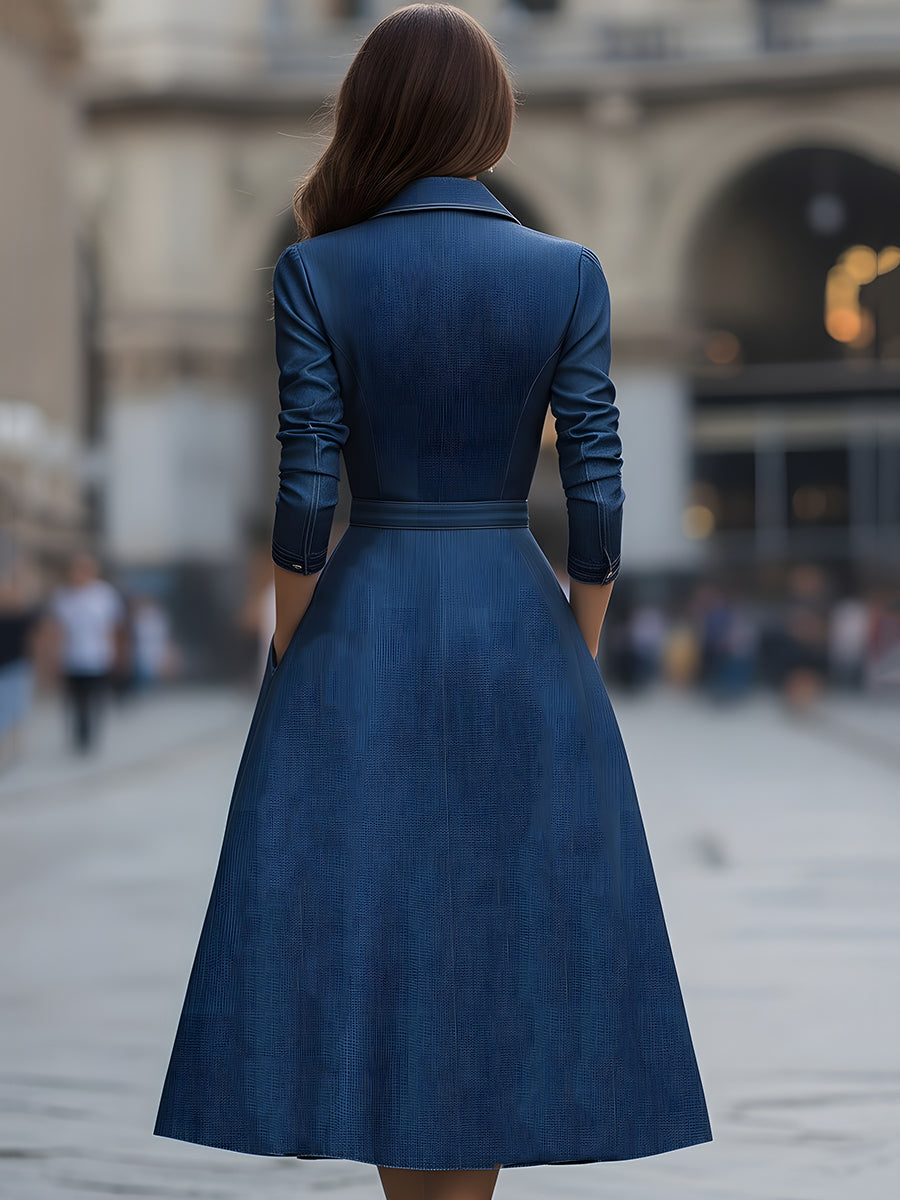Elegant Belted Zippered Denim - Midi Dress