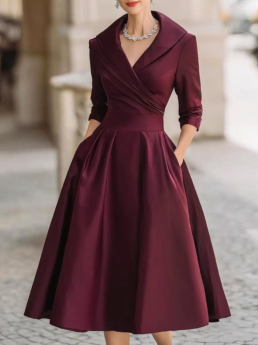 Vintage Satin Draped Collar Elegant Silhouette - Midi Dress