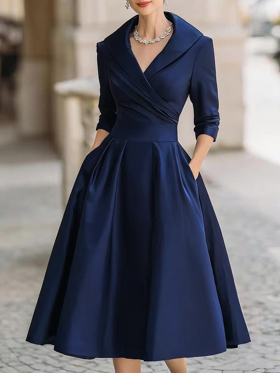 Vintage Satin Draped Collar Elegant Silhouette - Midi Dress