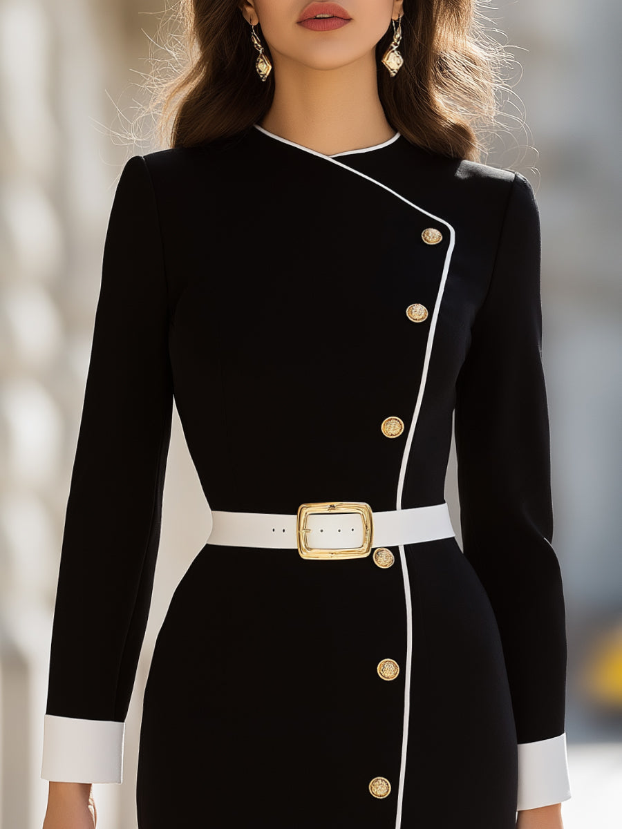 Asymmetrical Button-Front with Contrast Trim - Midi Dress
