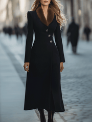 Black Longline Coat With Faux Fur Collar And Crystal Buttons - Coat