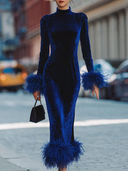 Glamorous Royal Blue Velvet Feather-Trim Party Dress - Mini Dress