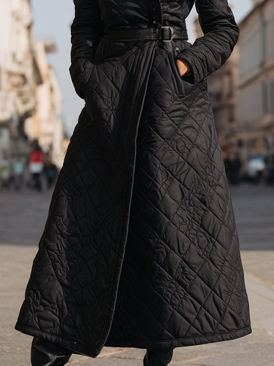 Quilted Longline Belted Winter Coat - Coat