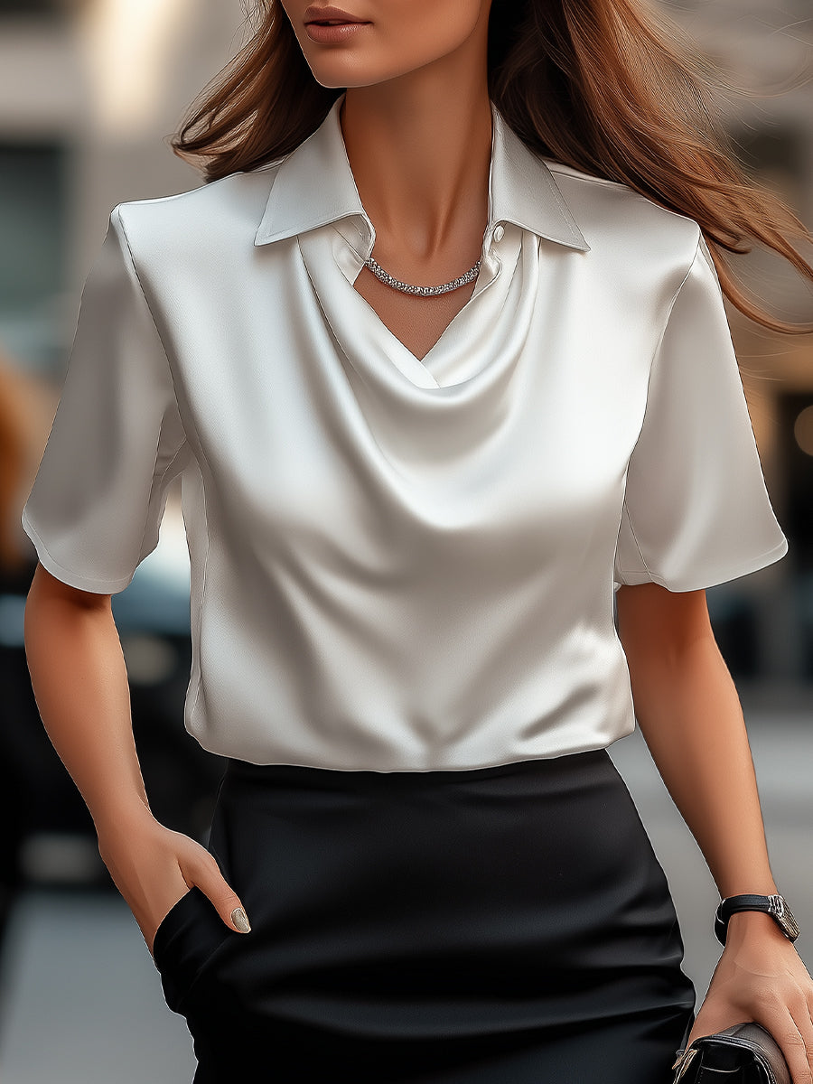 Classic White Satin Draped Neckline - Blouse