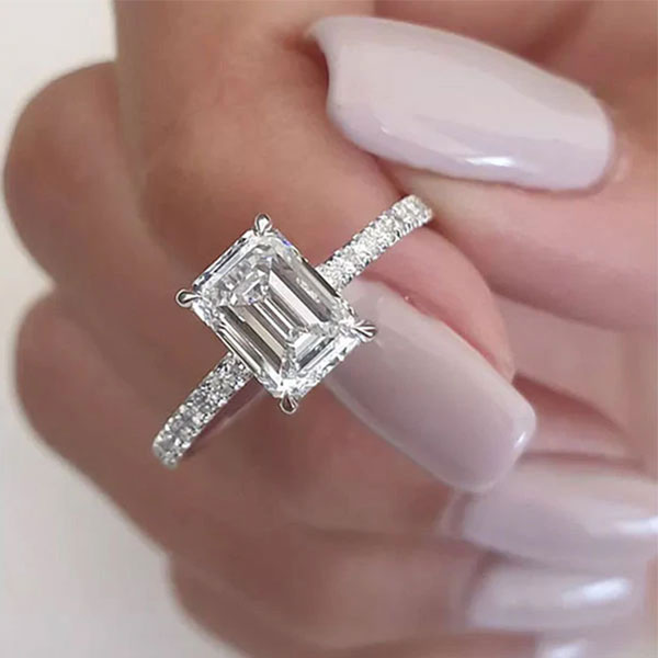 Classic Emerald Cut Engagement Ring In Sterling Silver Shineofdiamond