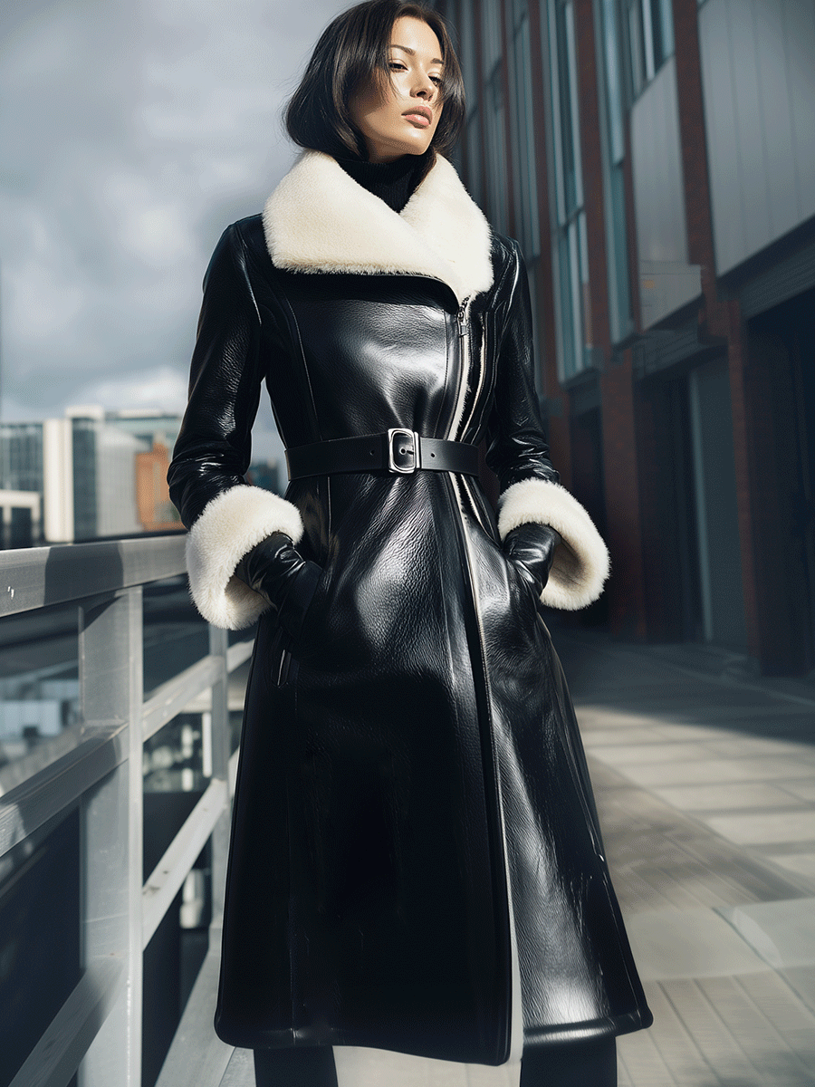 Black Belted Shearling-Collar Coat - Winter Coat