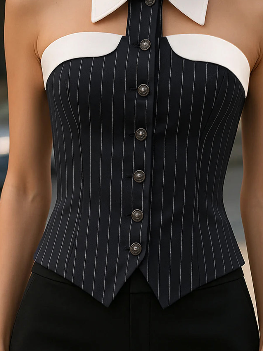 Pinstripe Button-Front With Contrast Collar - Women's Blouse