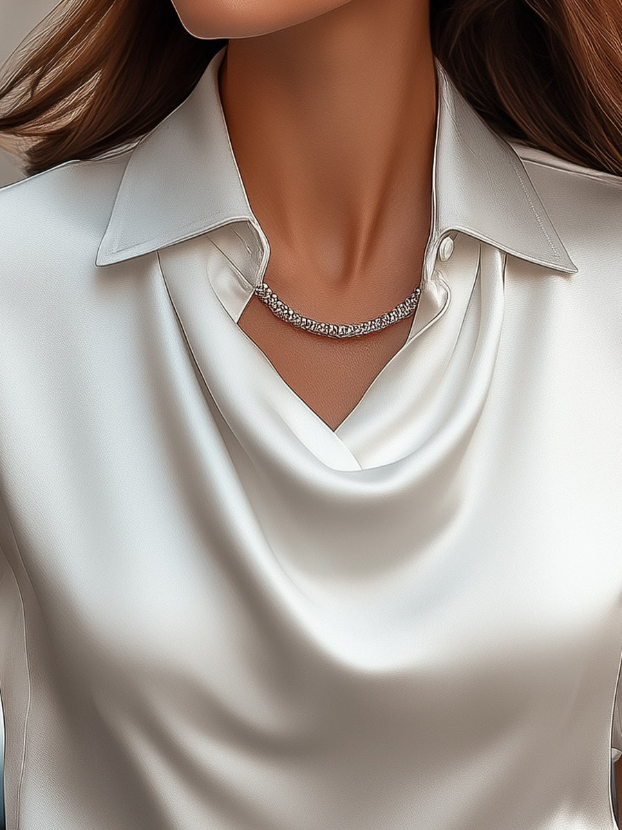 Classic White Satin Draped Neckline - Blouse