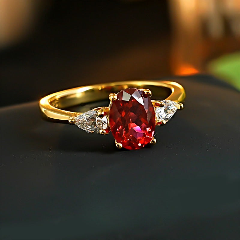 Classic Oval Cut Three Stone Ruby Sterling Silver Engagement Ring shine of diamond