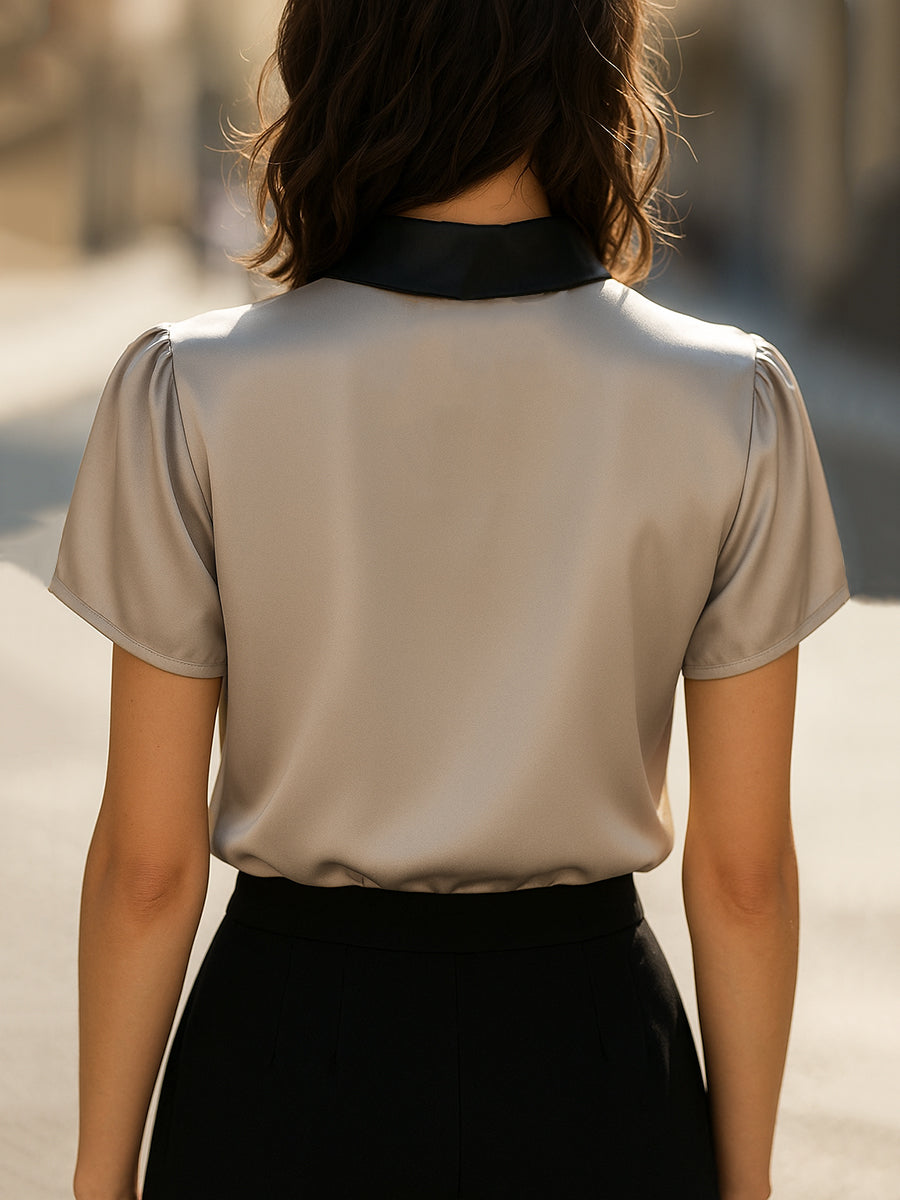 Contrast Collar Satin Keyhole Detail - Blouse