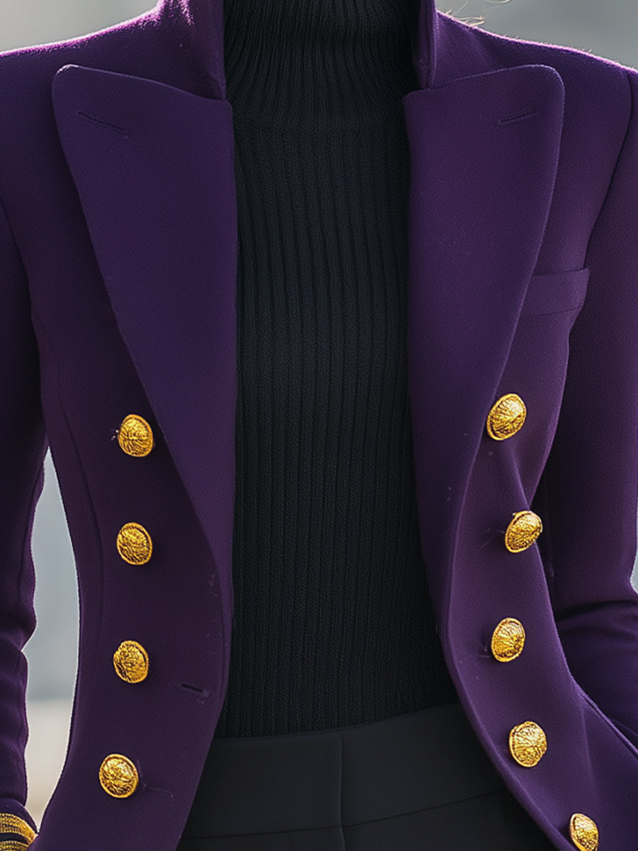 Purple Double-Breasted Military-Inspired Tailored Fit - Blazer