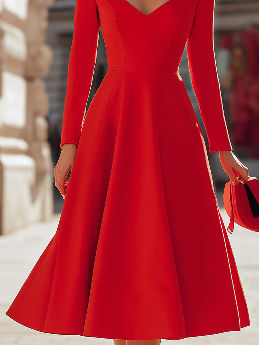 Elegant Red V-Neck Fit-and-Flare - Midi Dress