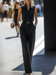 Women's Sleek Tailored Sleeveless Cinched-Waist - Jumpsuit