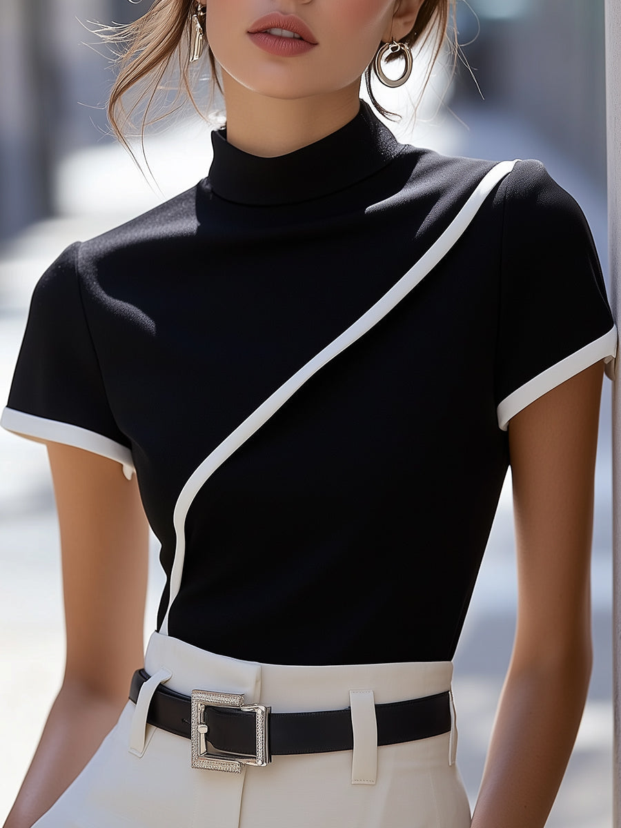 Elegant Black High-Neck White-Trim - Turtleneck Top