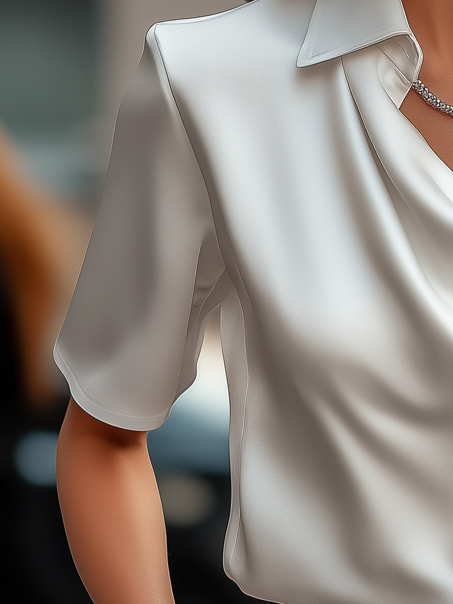 Classic White Satin Draped Neckline - Blouse