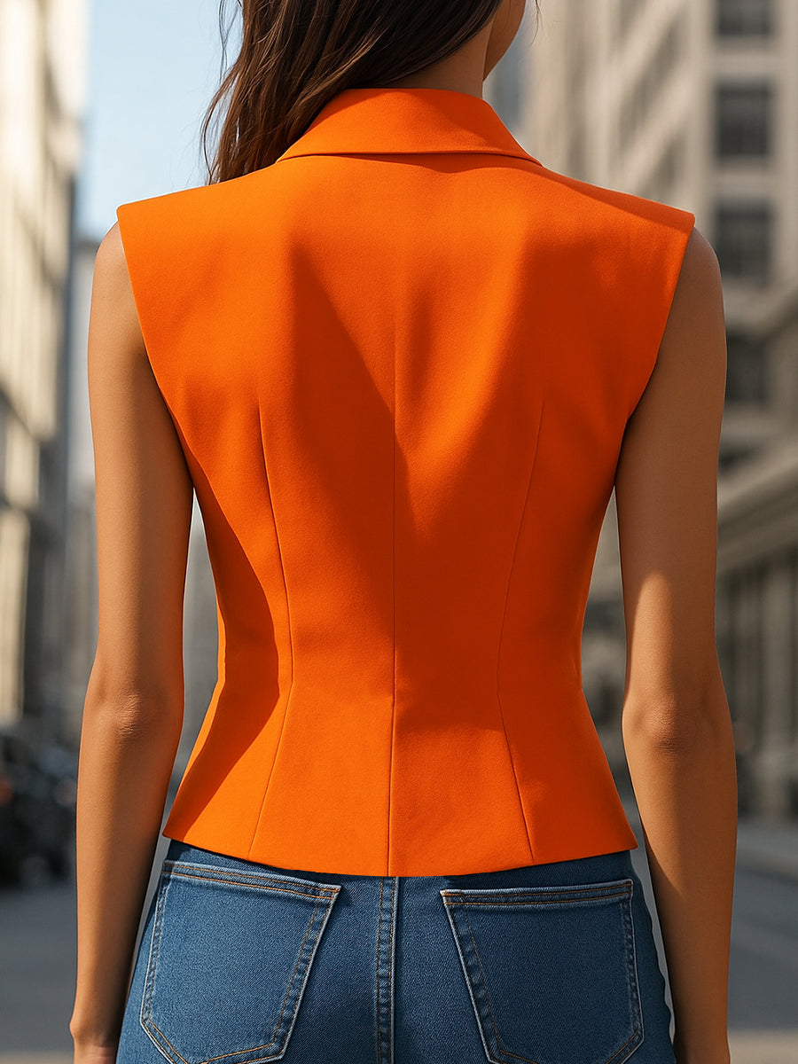 Vibrant Orange Tailored Sleeveless Blazer - Blazer Top
