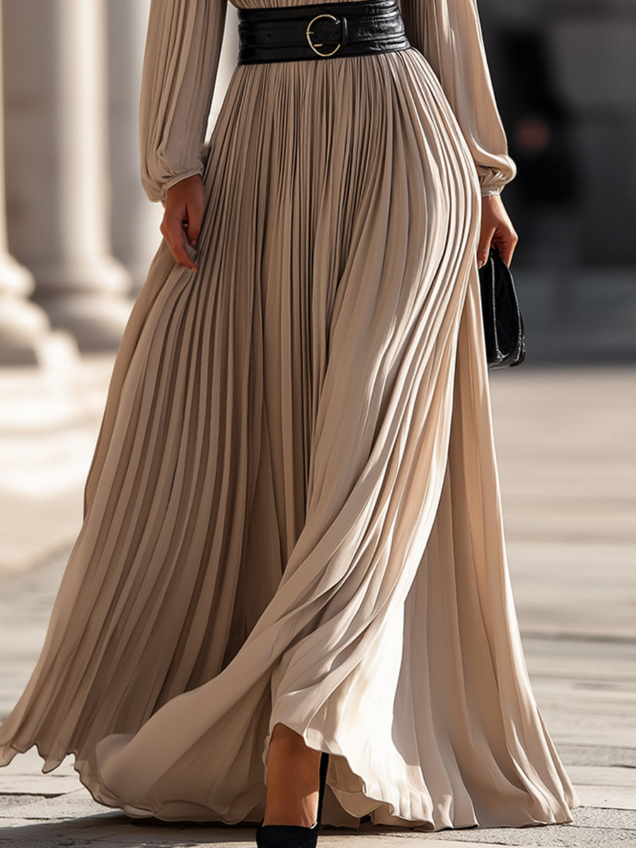 Pleated High-Neck Flowy Chiffon - Maxi Dress