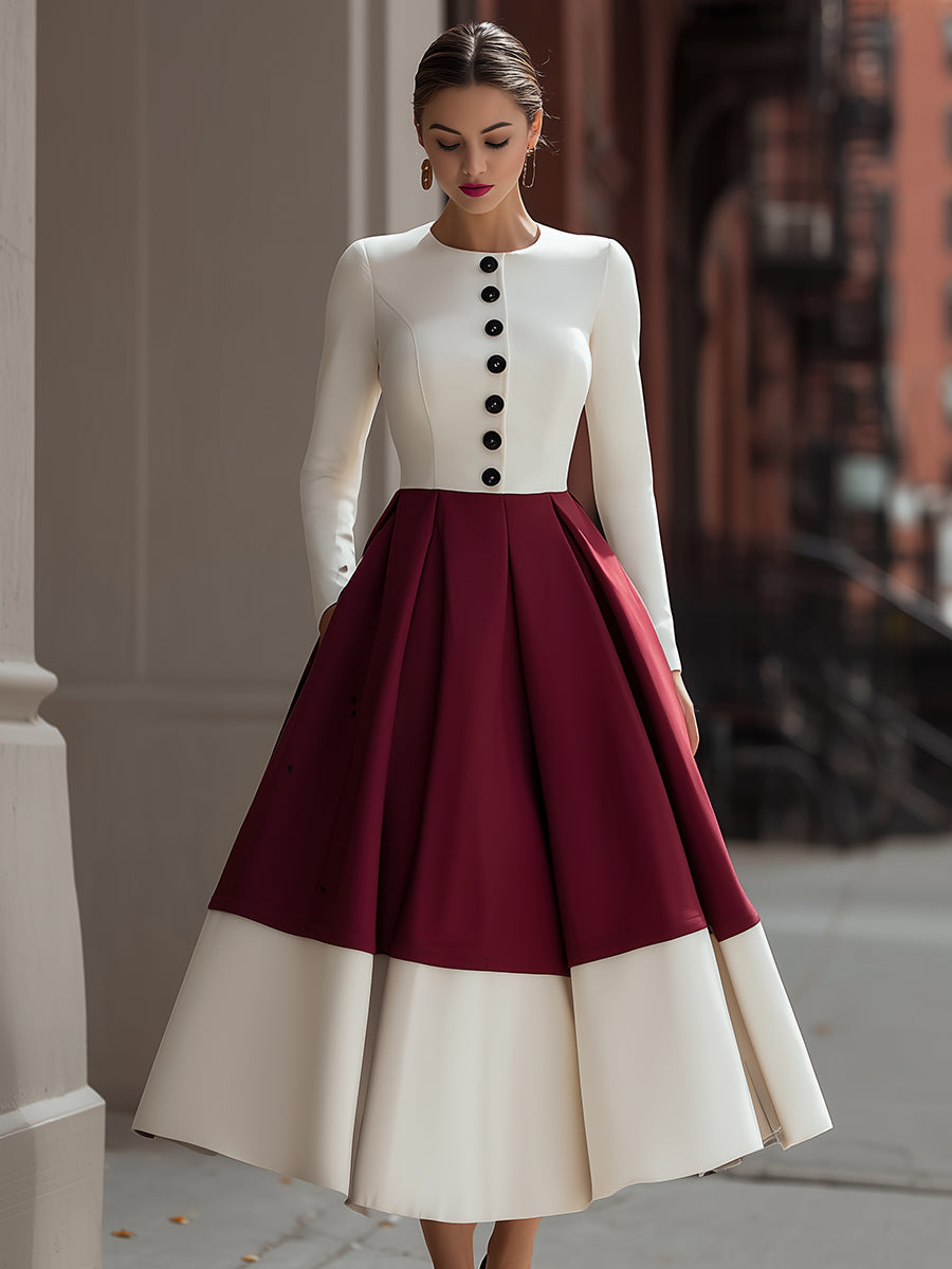Ivory & Burgundy Colorblock Button-Front - Midi Dress