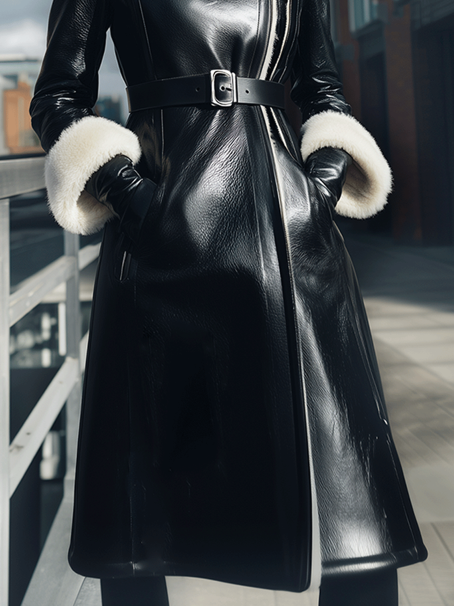 Black Belted Shearling-Collar Coat - Winter Coat