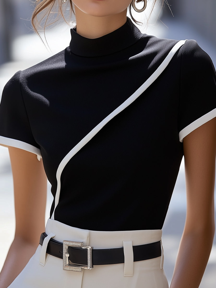 Elegant Black High-Neck White-Trim - Turtleneck Top