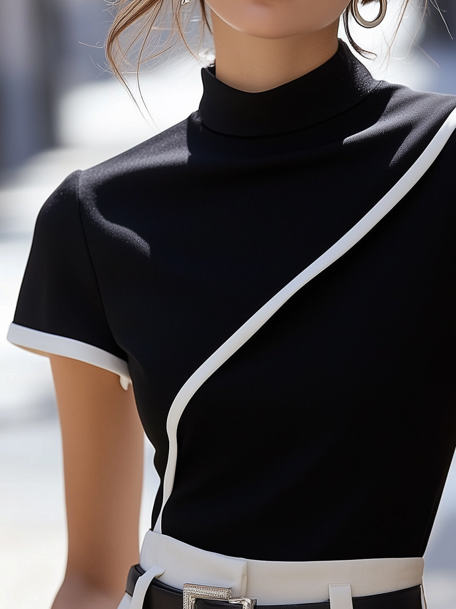Elegant Black High-Neck White-Trim - Turtleneck Top