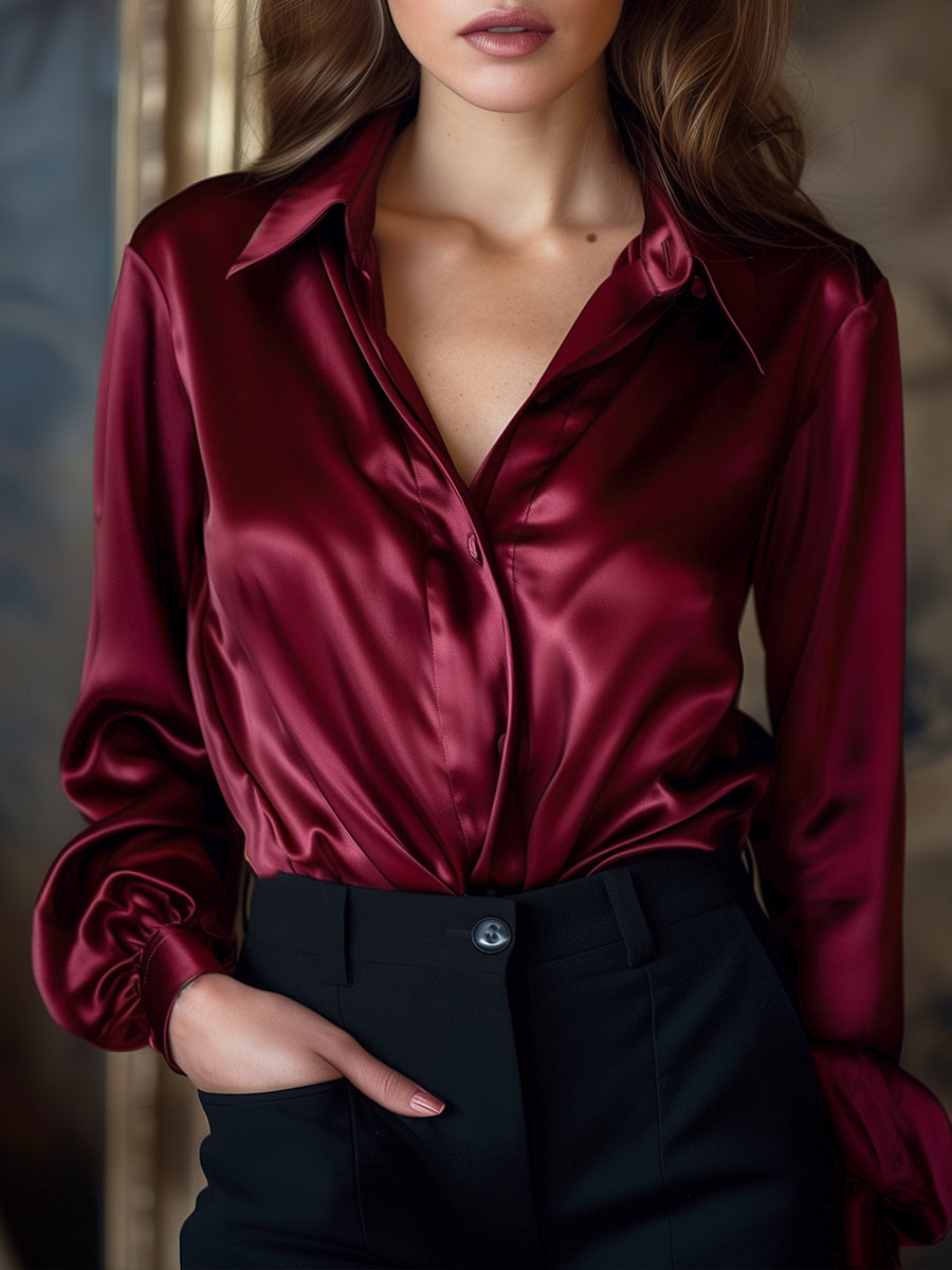 Elegant Black Satin Long-Sleeve Top - Blouse