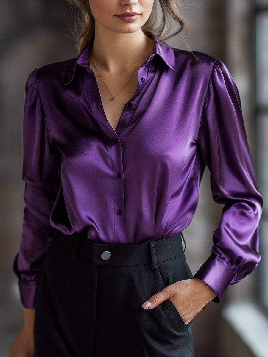Elegant Black Satin Long-Sleeve Top - Blouse