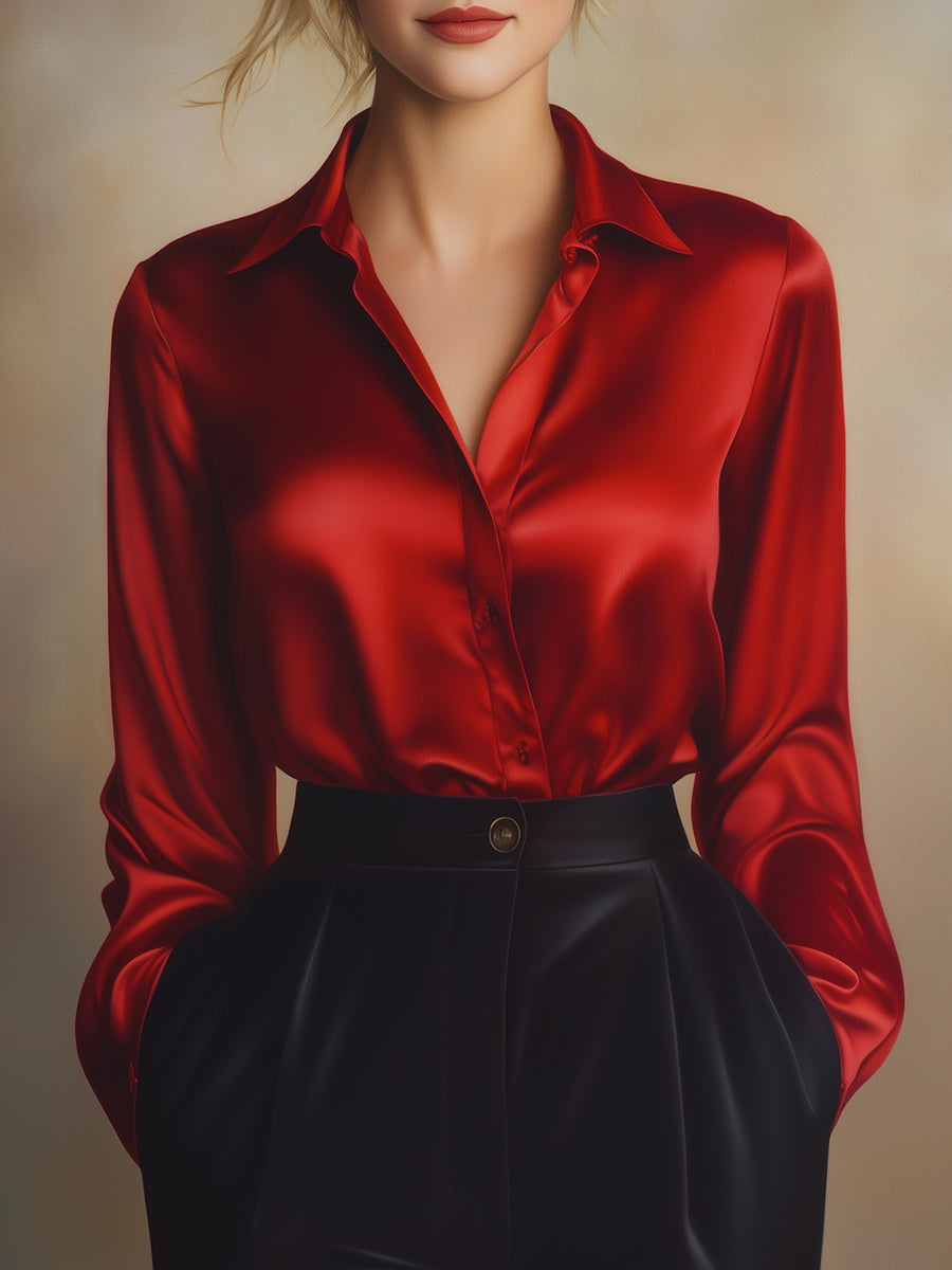 Elegant Black Satin Long-Sleeve Top - Blouse