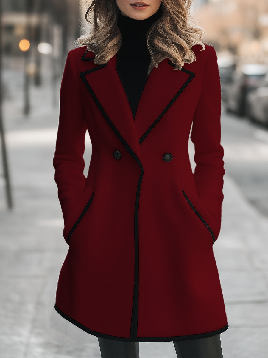 Chic Double-Breasted White Coat with Black Trim - Women's Coat