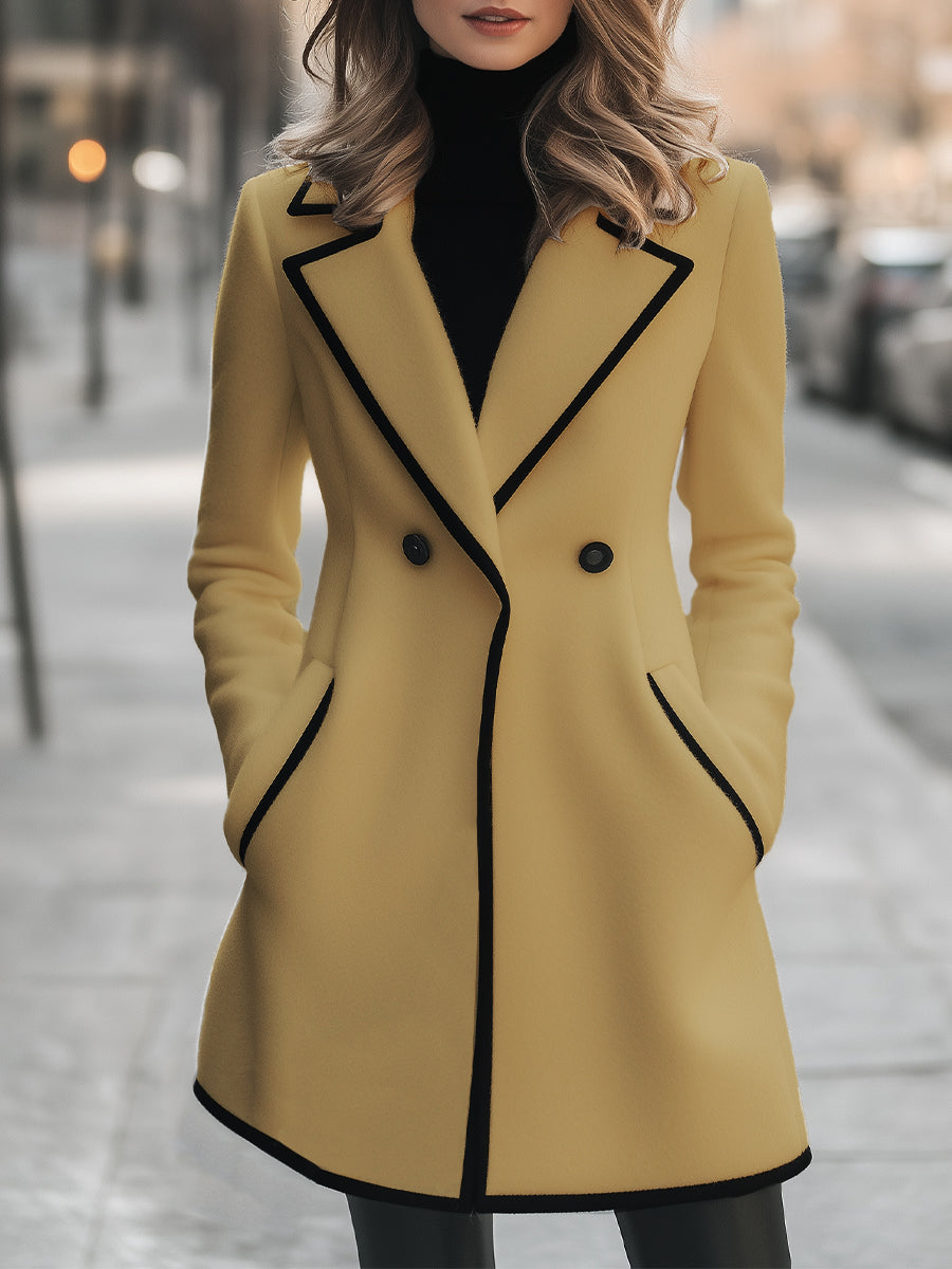 Chic Double-Breasted White Coat with Black Trim - Women's Coat
