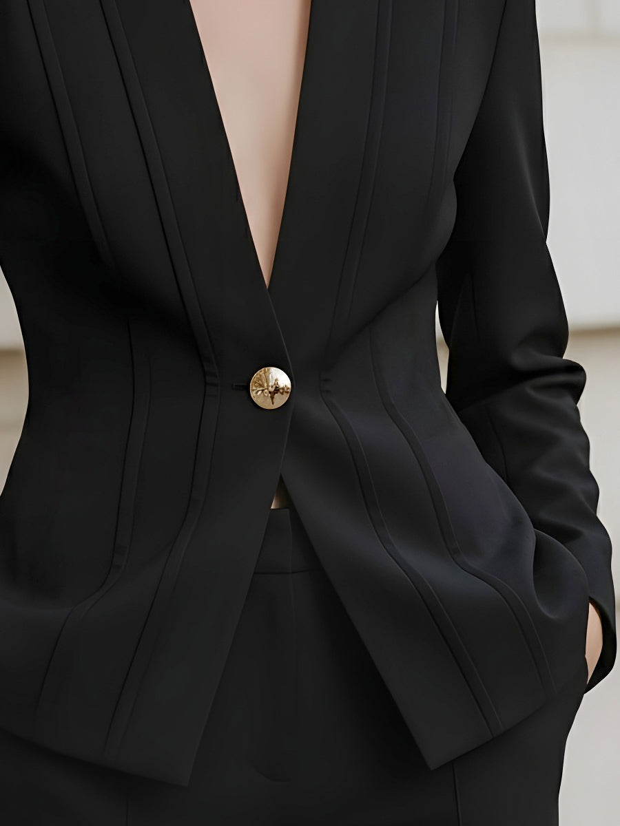 Deep Plunge V-Neck with Statement Gold Button - Blazer