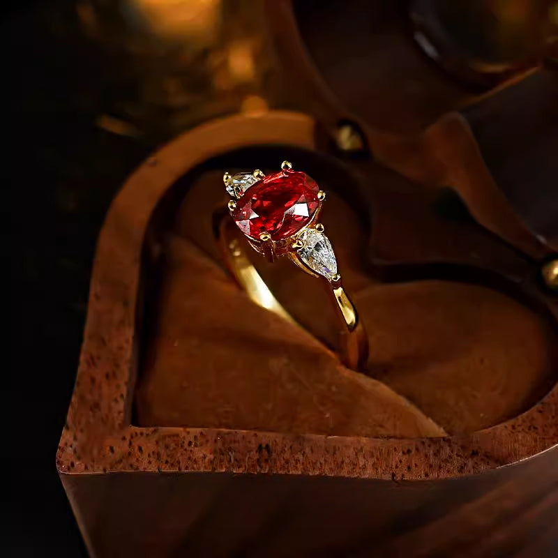 Classic Oval Cut Three Stone Ruby Sterling Silver Engagement Ring shine of diamond