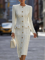 Ivory Textured Knit With Gold Buttons - Midi Dress