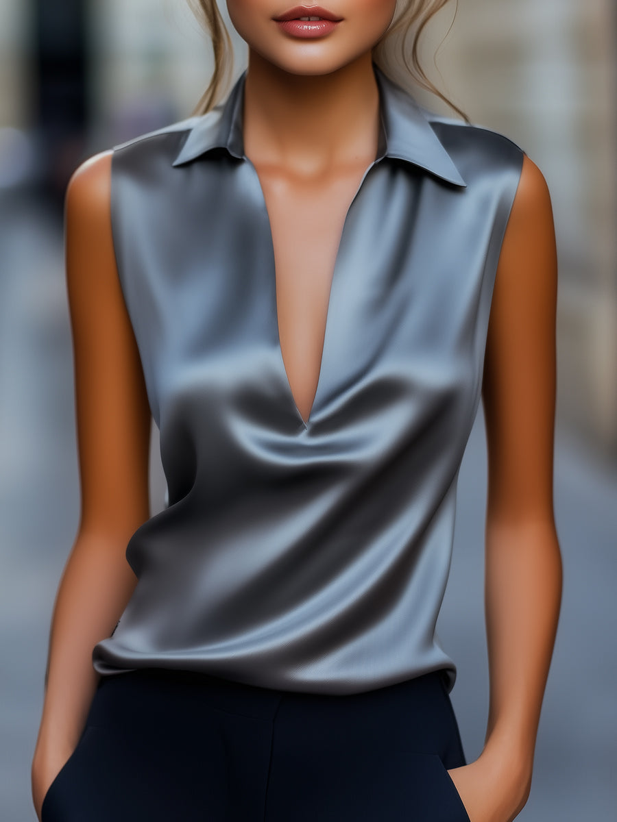 Sleek Gray Satin Plunge V‑Neck - Blouse