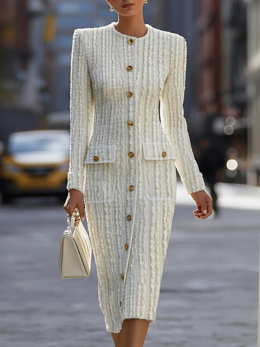 Ivory Textured Knit With Gold Buttons - Midi Dress