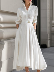 Elegant Belted Shirt Dress with Pleated Skirt - Midi Dress