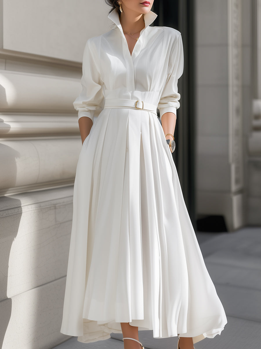 Elegant Belted Shirt Dress with Pleated Skirt - Midi Dress