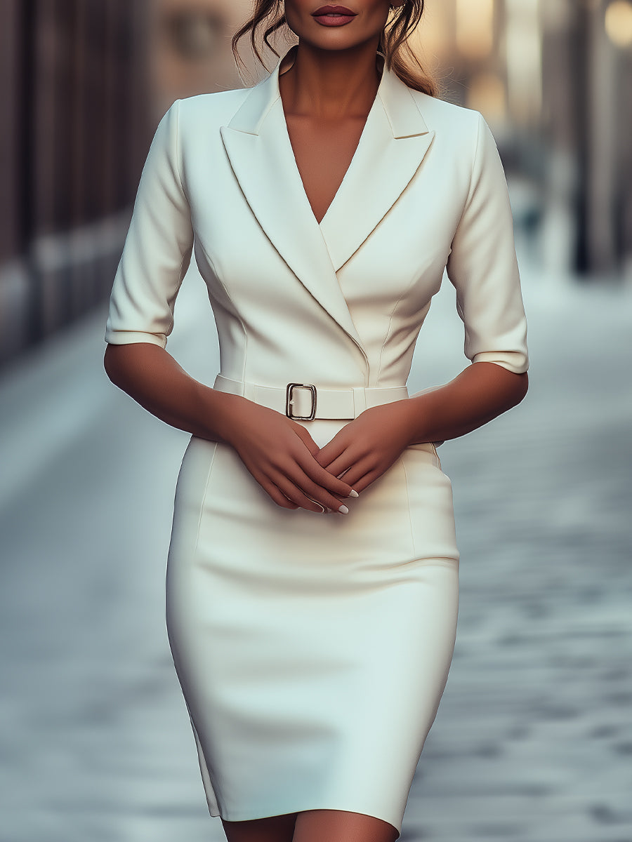 Elegant Tailored White Belted Blazer - Mini Dress