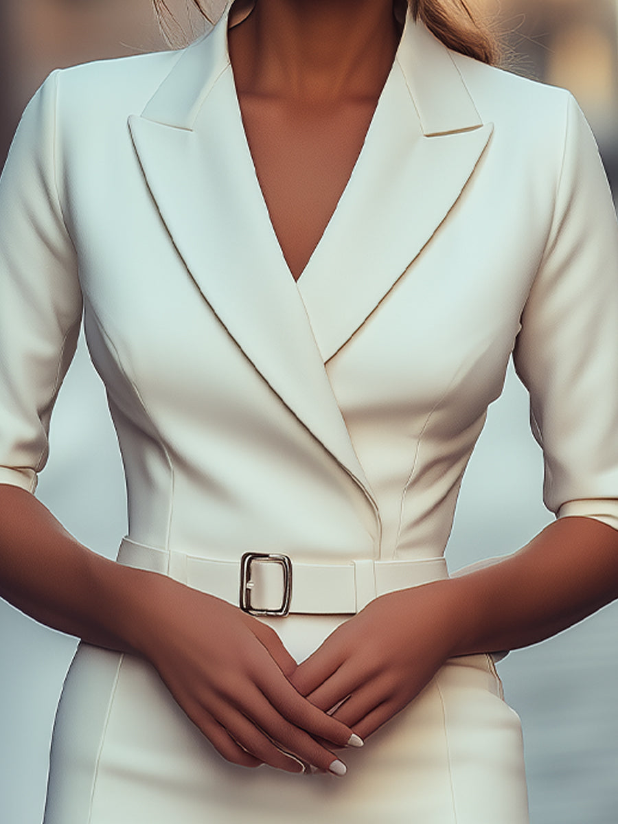 Elegant Tailored White Belted Blazer - Mini Dress